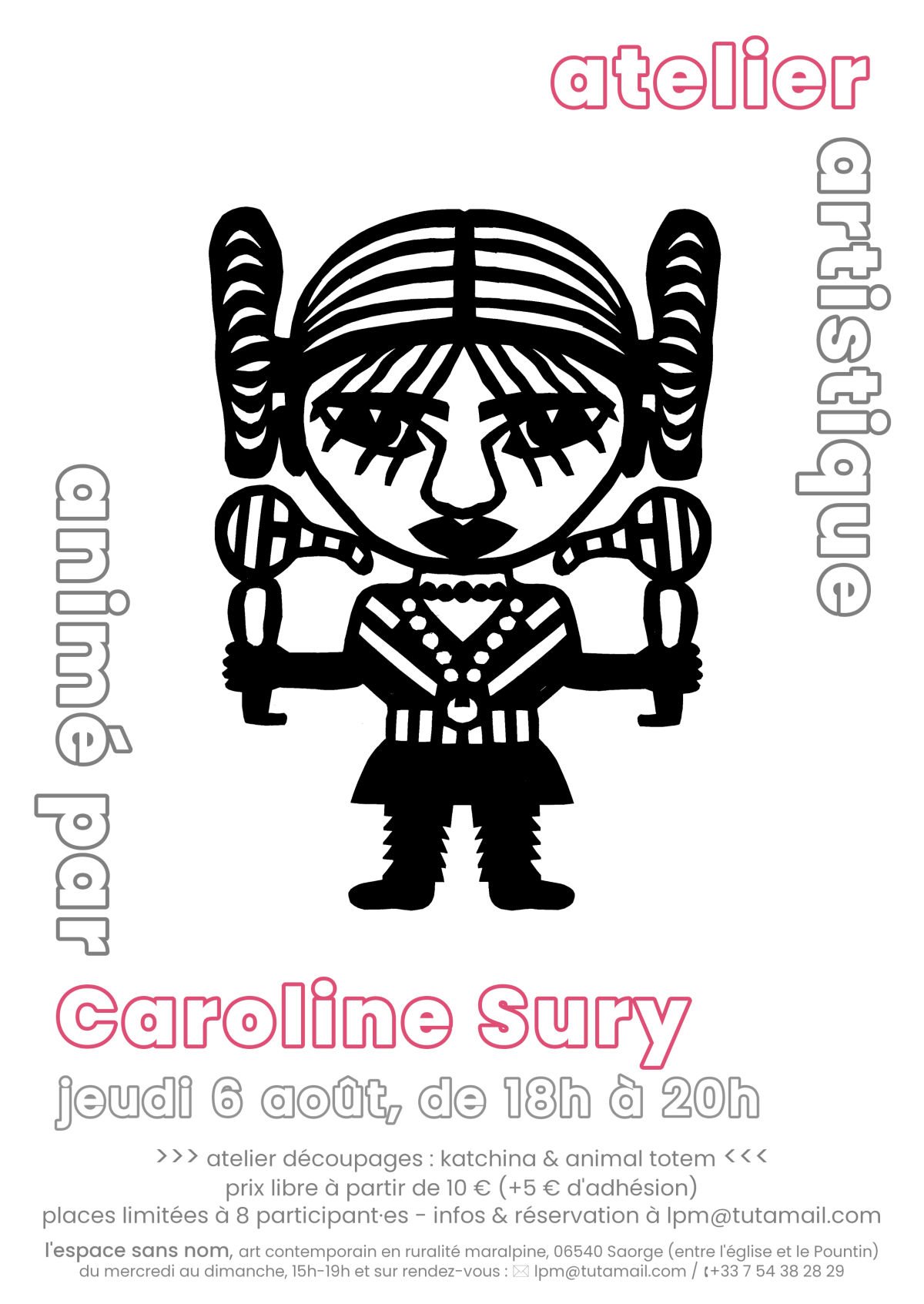 affiche de l'atelier Katchina animé par Caroline Sury à l'espace sans nom